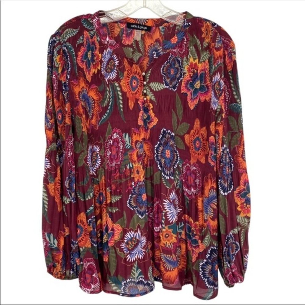 Cable & Gauge Burgundy Floral Peplum Blouse Top